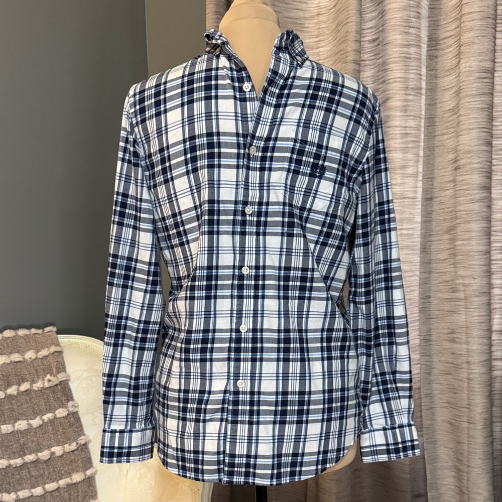 Navy and White Plaid Button-Up Shirt